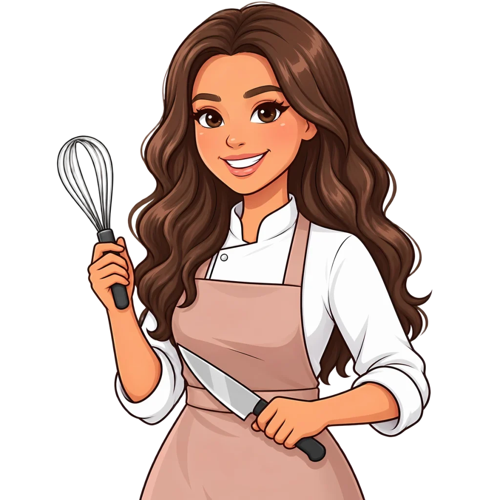 Cartoon Gabby in her chef coat and rose apron, holding a whisk and a knife