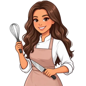 Cartoon Gabby in her chef coat and rose apron, holding a whisk and a knife