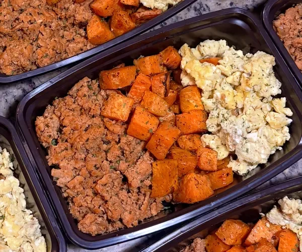 Two Breakfast Power Bowls: ground turkey, roasted sweet potatoes and fluffy eggs